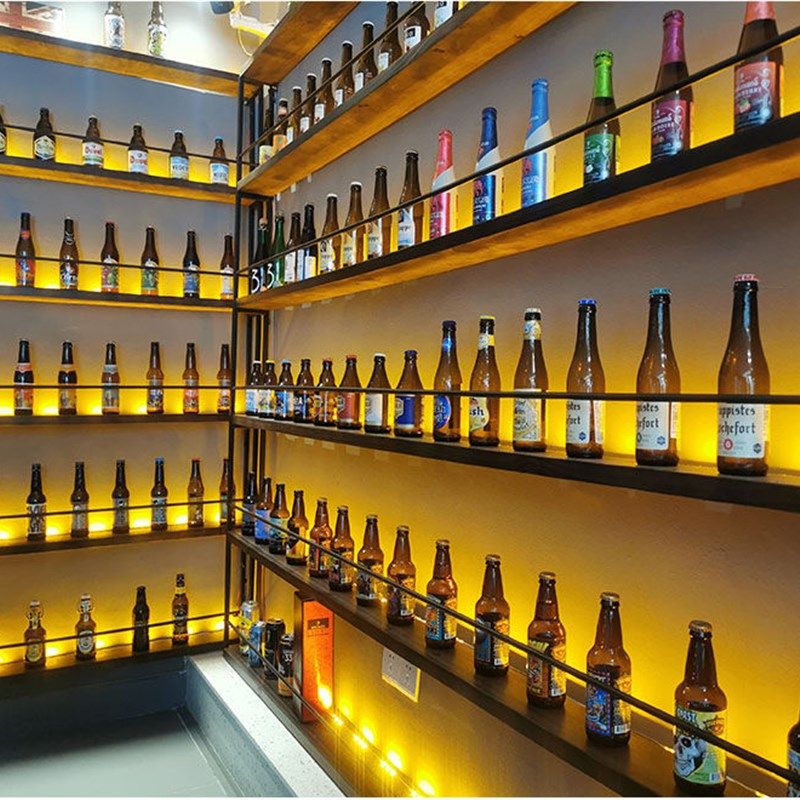 酒吧餐厅铁艺隔断酒架装饰吧台壁挂实木发光红酒啤酒柜置物展示架