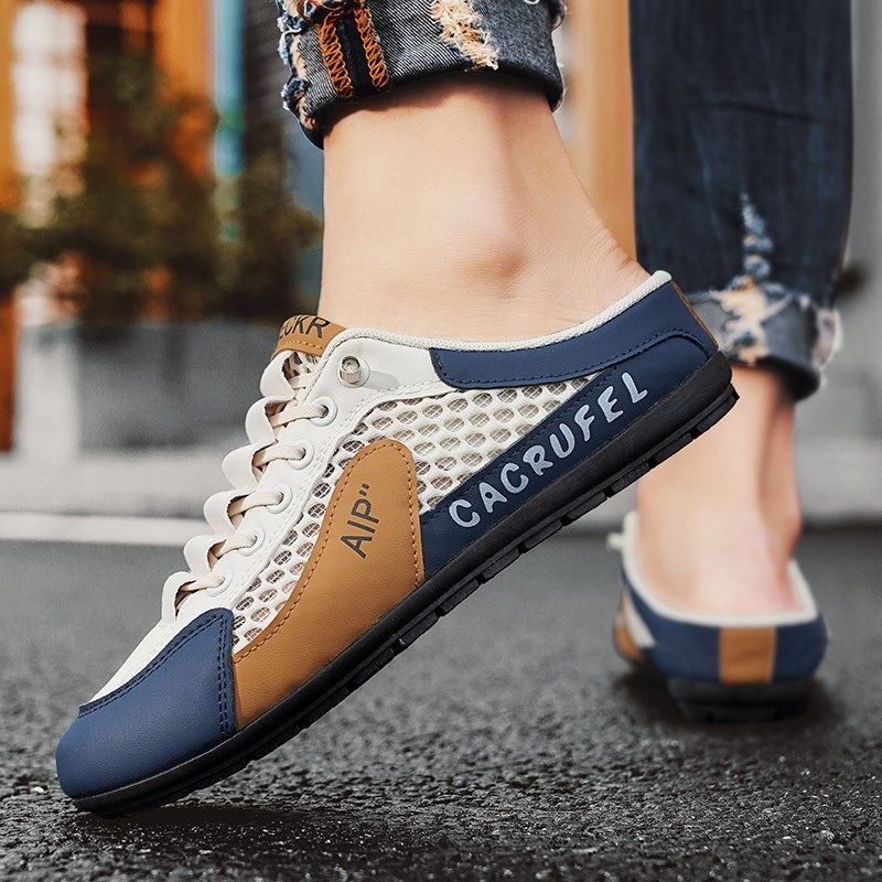 半拖鞋男款2024新款夏季韩版潮流懒人网面休闲运动无后跟豆豆布鞋