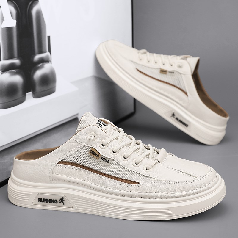 夏季透气半拖鞋男网面无后跟布鞋男款一脚蹬懒人休闲运动小白拖鞋