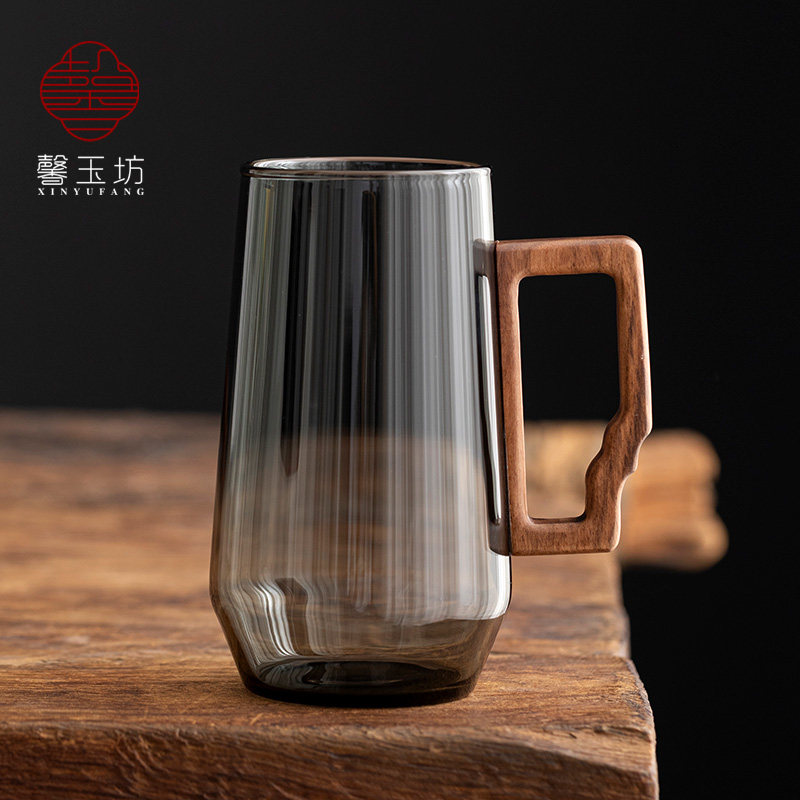 高档男士玻璃茶杯胡桃木把耐高温防爆办公室烟灰色泡绿茶个人水杯图片