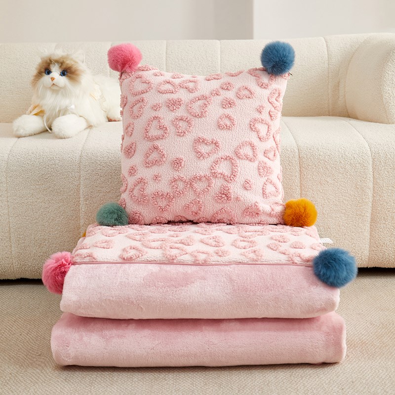 粉色毛球抱枕毯子二合一汽车沙发盖毯简约办公室学生宿舍午休毯夏