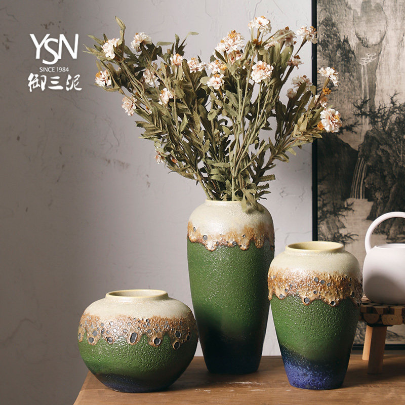 御三泥田园风粗陶花器干花插花花瓶土陶花盆新中式装饰品摆件罐子