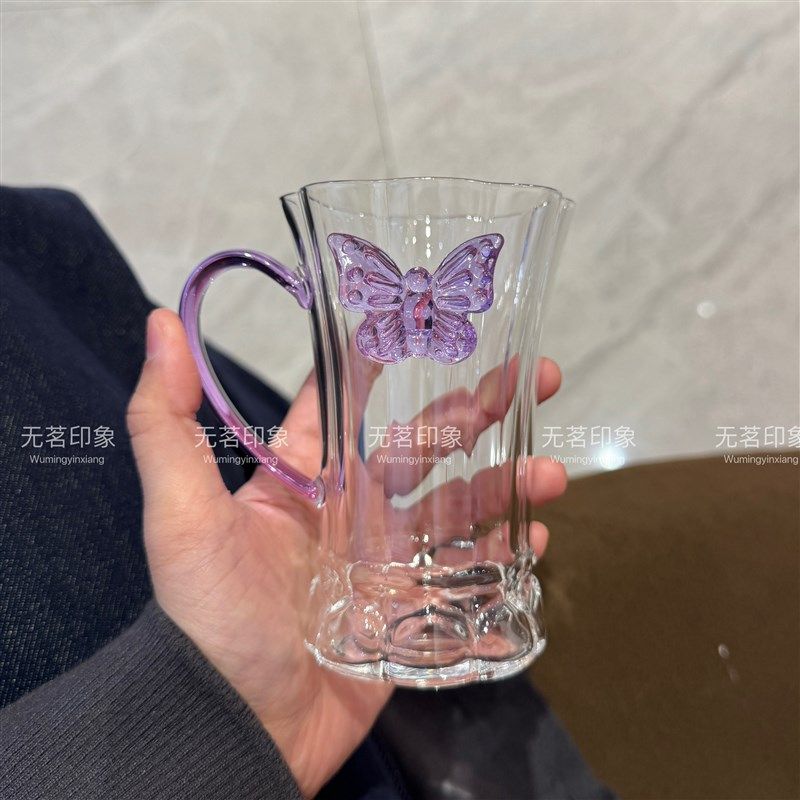 高端莲花蝴蝶水杯玻璃花茶杯可爱玻璃杯耐高温绿茶杯喝水杯子女生图片