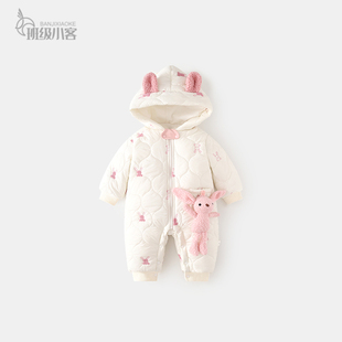 婴儿外出服冬季女宝宝夹棉外穿连体衣秋冬加Q厚儿童连帽防风棉衣