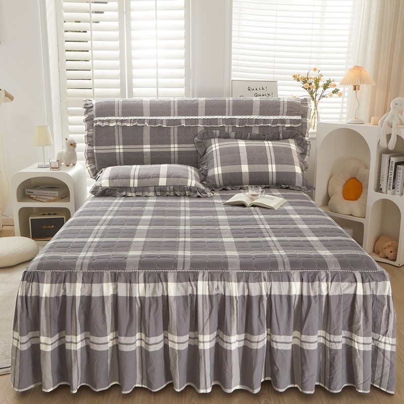 新款全棉水洗棉格子夹棉床裙单件纯棉加厚床罩套带裙边床单床围罩,床上用品,床裙,淘宝优惠券,粉丝福利购,淘宝优惠卷