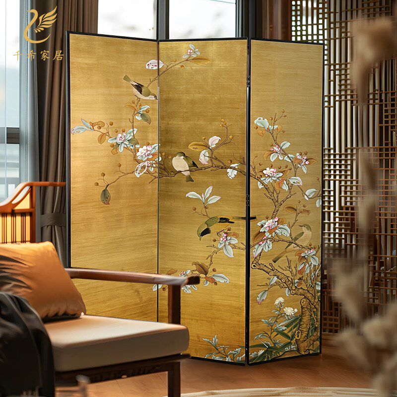 中古风手绘c漆画屏风金箔花鸟茶室客厅餐厅玄关隔断沙发背景可定
