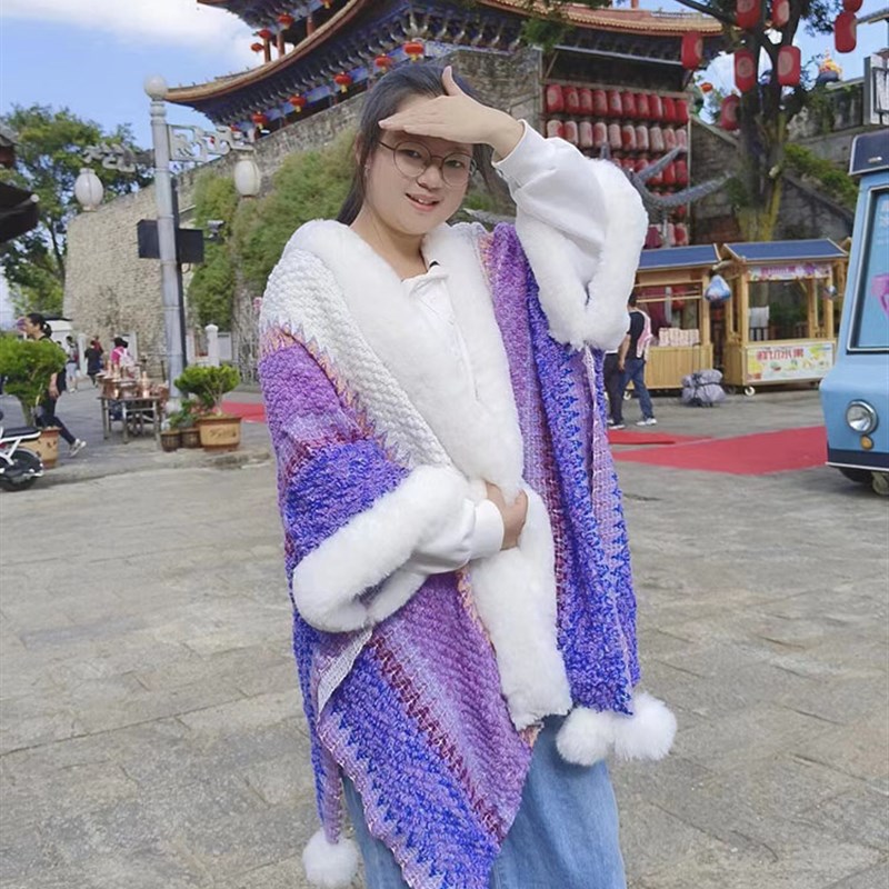 网红大毛领民族风披肩围巾云南西藏丽江新疆旅游斗篷百搭加厚披风