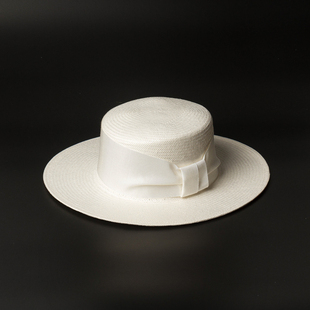 夏季女纸草编织蝴蝶结网红平顶草帽女沙滩大帽檐白色海边度假遮阳