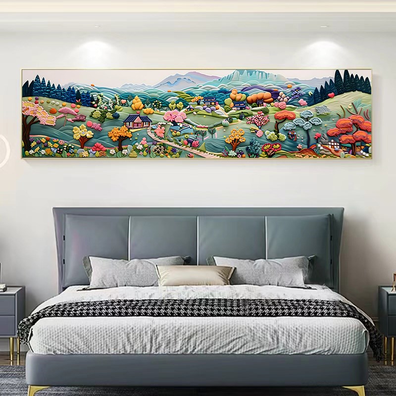 奶油风客厅装饰画大幅横版沙发背景墙挂画小镇风景立体感卧室壁画