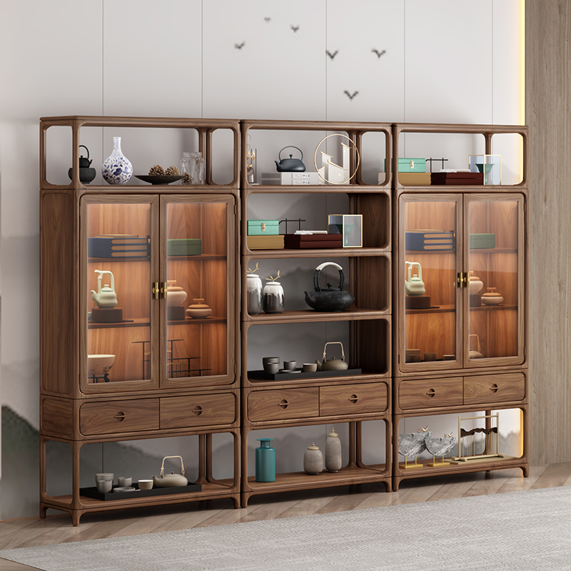 新中式全实木书柜带玻璃门防尘老榆F木书架组合轻奢黑胡桃木书柜