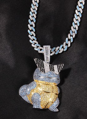 欧美卡通杰尼f龟吊坠真金电镀微镶锆石个性男士满钻蹦迪嘻哈项坠