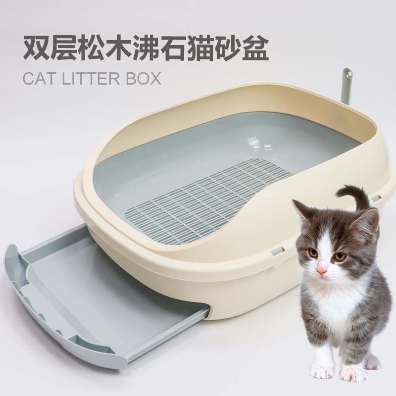 松木网格猫砂盆双层抽屉式大号猫厕所猫沙盆猫咪屎盆猫.便盆防外