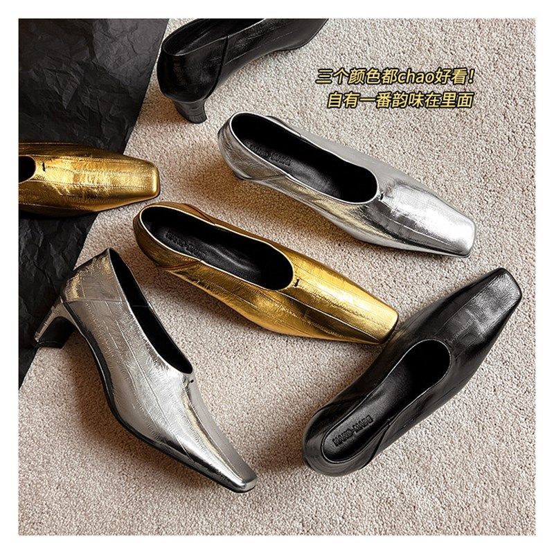 高级优雅~5.5cm粗跟方头高跟鞋女春季金银色小皮鞋踩跟奶奶鞋单鞋,女鞋,深口单鞋,淘宝优惠券,粉丝福利购,淘宝优惠卷