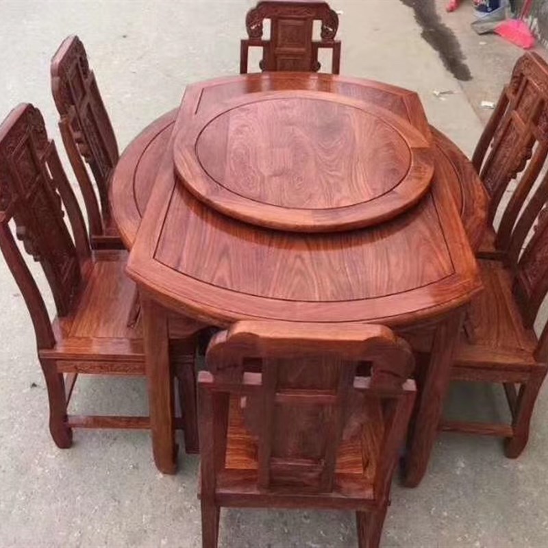 红木餐桌圆餐桌刺猬紫檀可v伸缩餐桌中式实木带转盘变形长圆餐桌