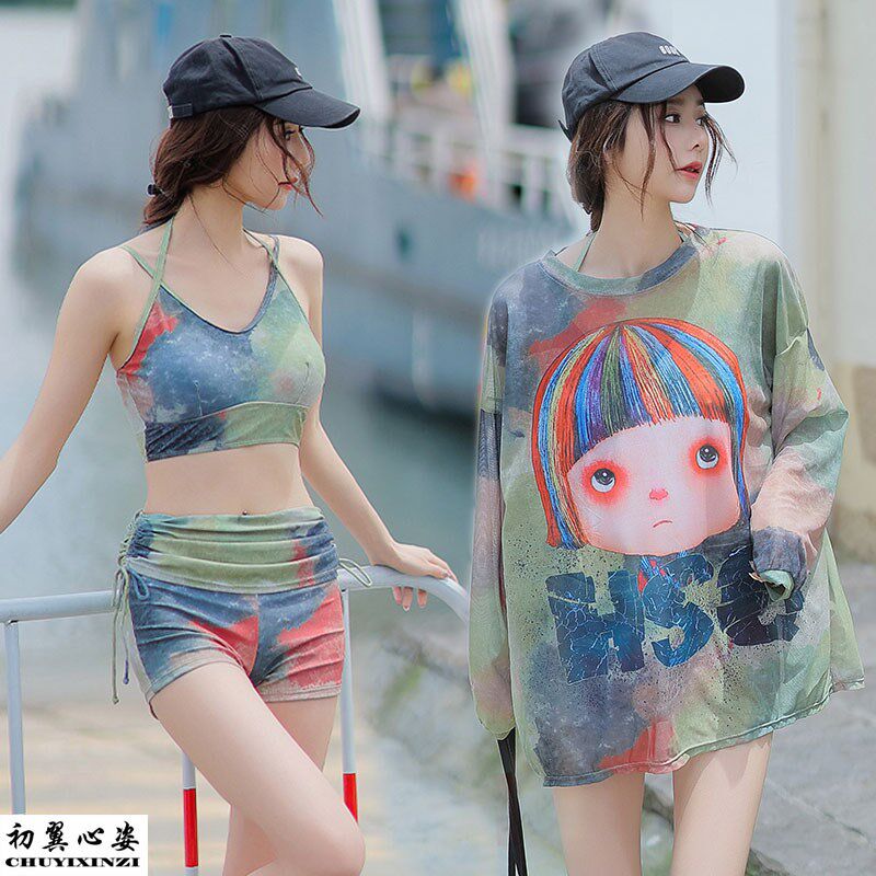 长袖防晒大c码泳衣女款三件套夏季2024新款分体式遮肚显瘦温泉沙