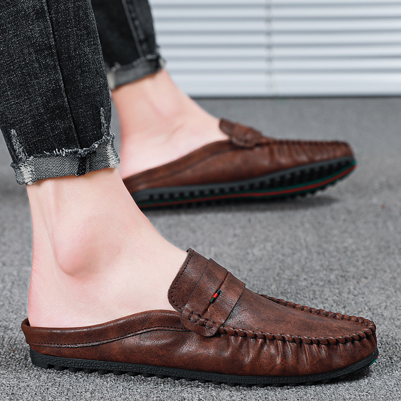 夏季包头半拖鞋男士皮鞋休闲懒人豆豆无后跟鞋夏天韩版潮流凉鞋子