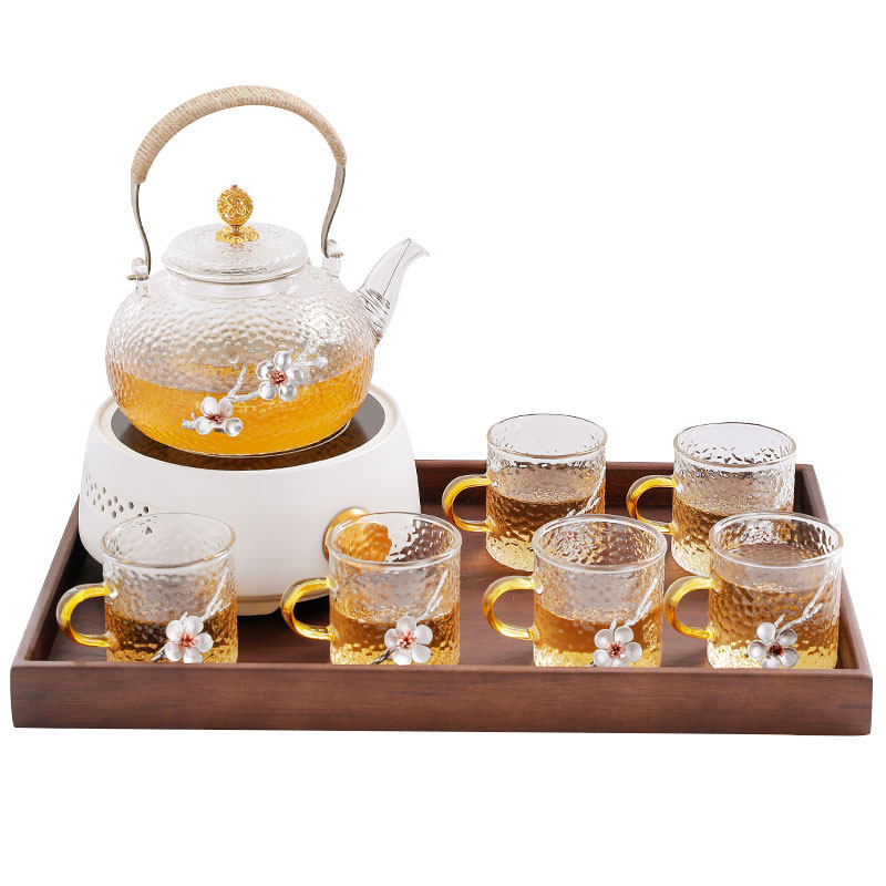 电陶炉加热蒸煮茶壶套装镶锡透明玻璃泡花茶壶茶杯带滤网胡桃木盘