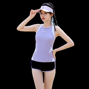 2024新款分体无袖运动平角保守显瘦亮色竞速游泳休闲度假泳衣女