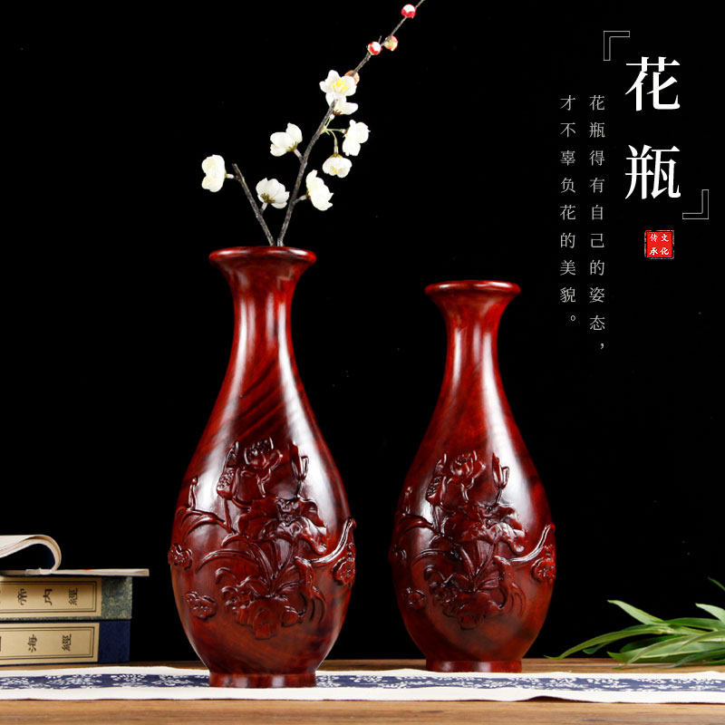 花梨木雕装饰花瓶摆件客厅插花家居中式雕刻红木工艺品实木质古典