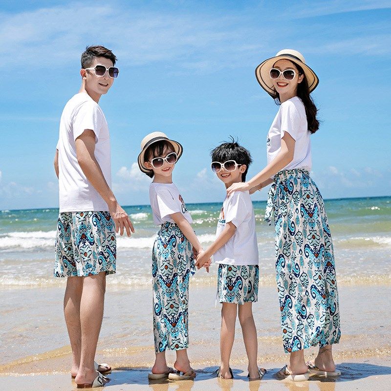 三亚沙滩亲子装2025新款一家四口海边旅游度假情侣九分直筒裤套装