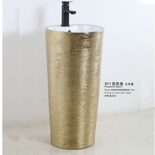 拉丝电镀金色立柱盆洗手盆豪华金色银色金L花一体落地陶瓷盆豪派
