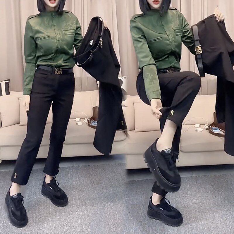 欧货开叉烟管裤女小西裤2024秋季新款韩版显瘦直筒裤百搭九分裤潮