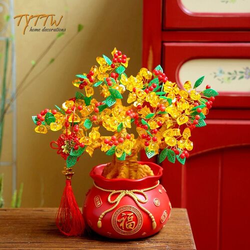2024新款新年喜庆乔迁开业祝贺新C年装饰发财树聚宝盆客厅店铺摆