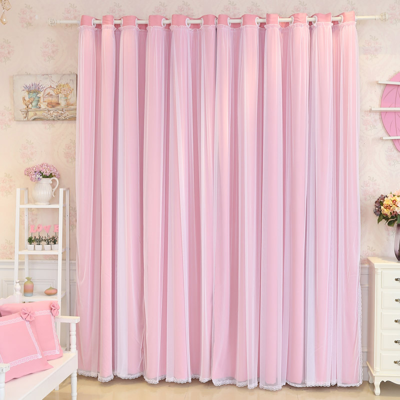 韩式公主风蕾丝窗帘女孩田园小清新窗帘浪漫粉色卧室飘窗窗帘成品