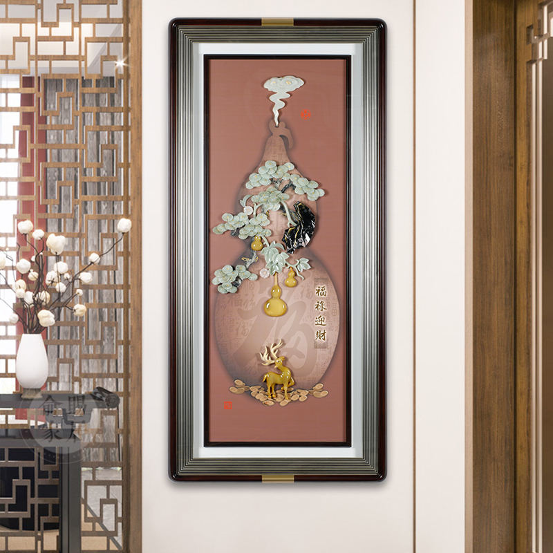 新中式入户玄关画走廊过道竖版简约5d立体装饰画玉雕画灯光画图片