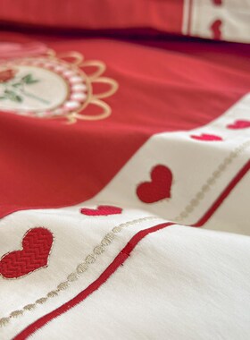 乐优公主100支长绒棉结婚四件套陪嫁大红色婚庆婚嫁被套床上用品