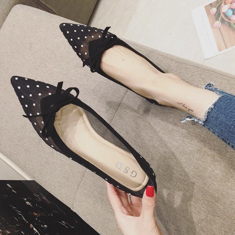 凉鞋女2b024春夏季新款网状波点尖头单鞋透气平底淑女晚晚风仙女