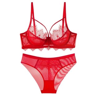 本命年内衣女红色套装超薄款大胸显小防下垂D杯大码夏蕾丝文胸罩