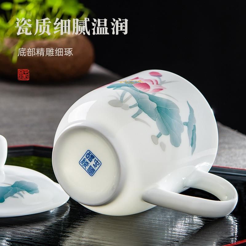 釉下彩中式手绘陶瓷办公杯带盖会议水杯家用大容量泡茶杯定制礼品