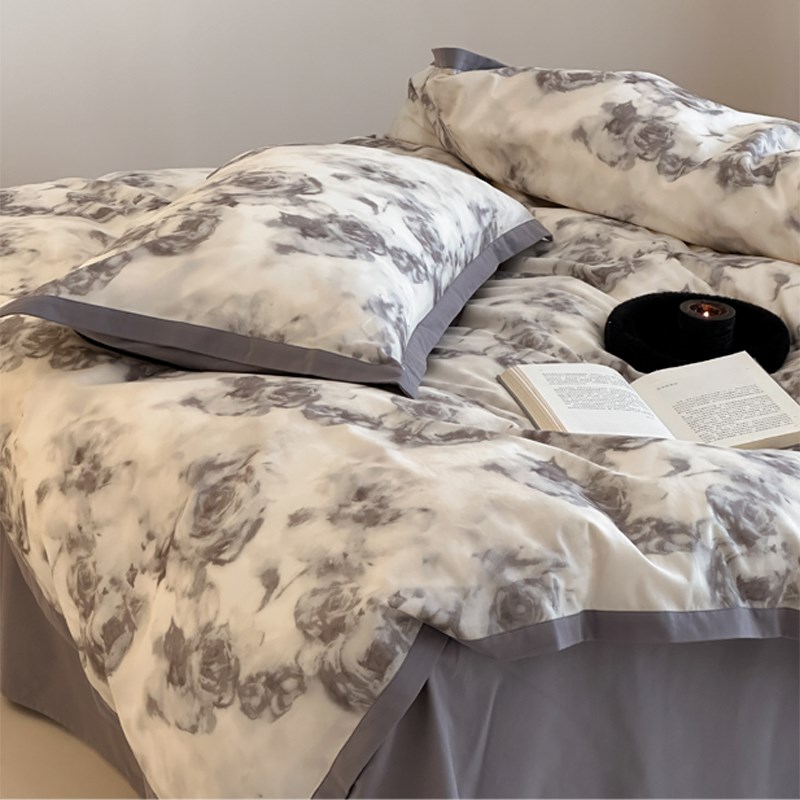 微雨山茶/中式古韵100支全棉磨毛四件套简约加厚被套床单床品