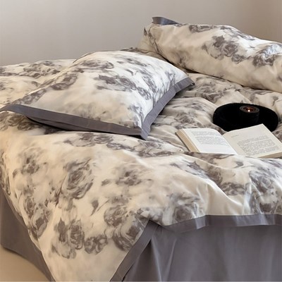 微雨山茶/中式古韵100支全棉磨毛四件套简约加厚被套床单床品