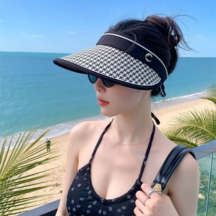 大檐防晒帽女户外骑行遮阳防紫外线夏季千鸟格可折叠空顶太阳帽