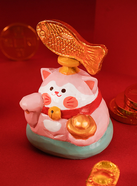 招财猫摆件家居书桌办公室少女心创意发财车载饰品小木雕生日礼物