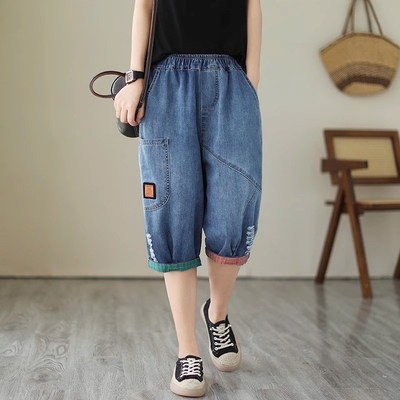 时尚女装六分牛仔裤秋季薄款宽松休闲大码中裤破洞水洗松紧腰女裤
