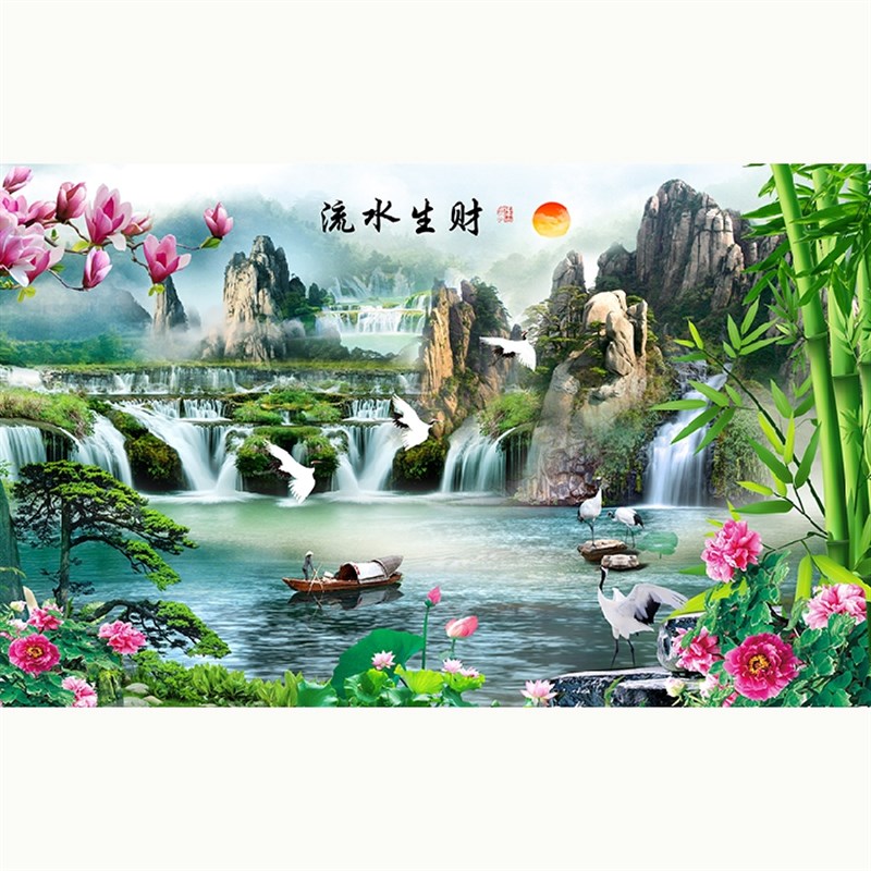 高清晰横幅版式精美风景山水松鹤竹子流水生财图背景墙壁装饰贴画