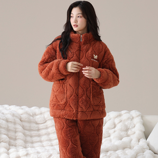 樱伴秋冬季女士珊瑚绒夹棉高领睡衣加厚加绒家居服套装三层保暖