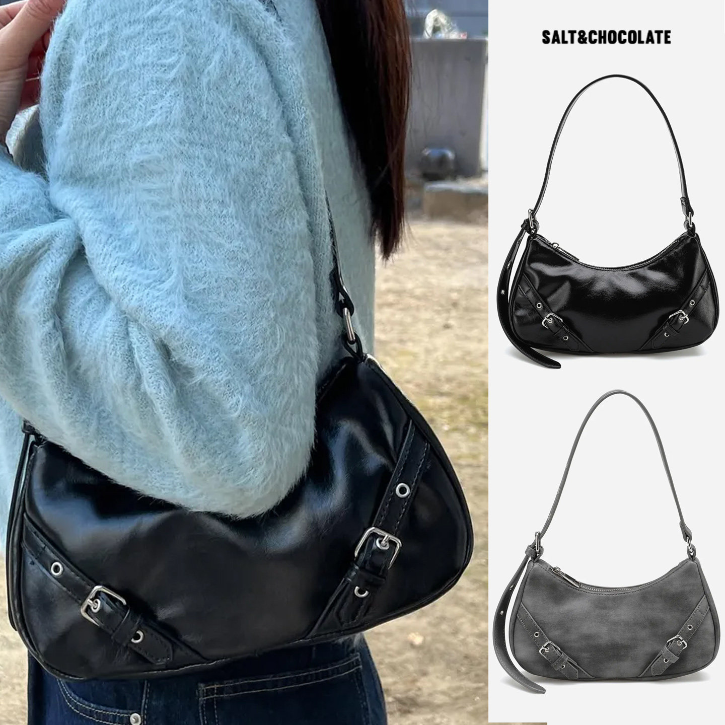 韩国代购直邮 SALT&CHOCOLATE 新款女子黑色皮面休闲手提单肩背包