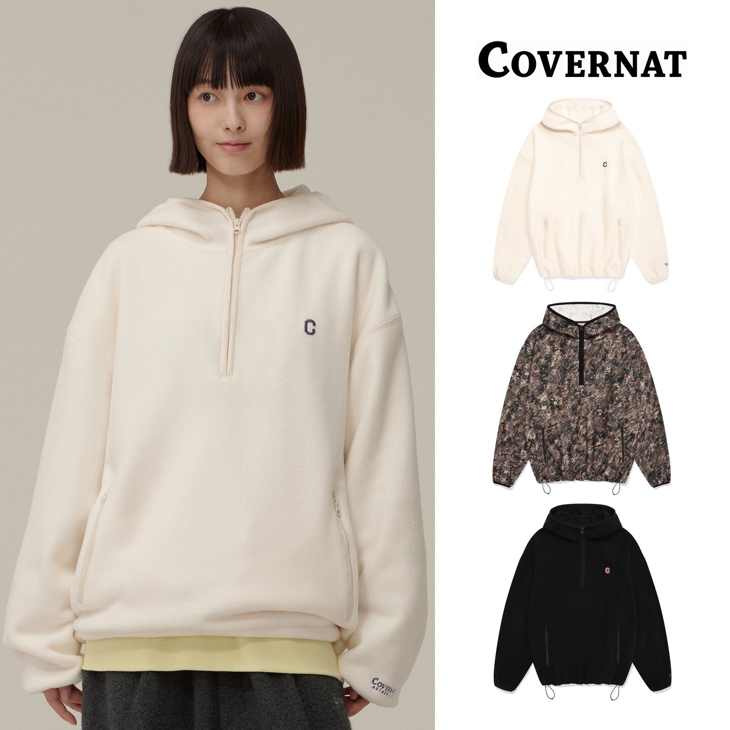 COVERNAT秋冬半拉链连帽卫衣