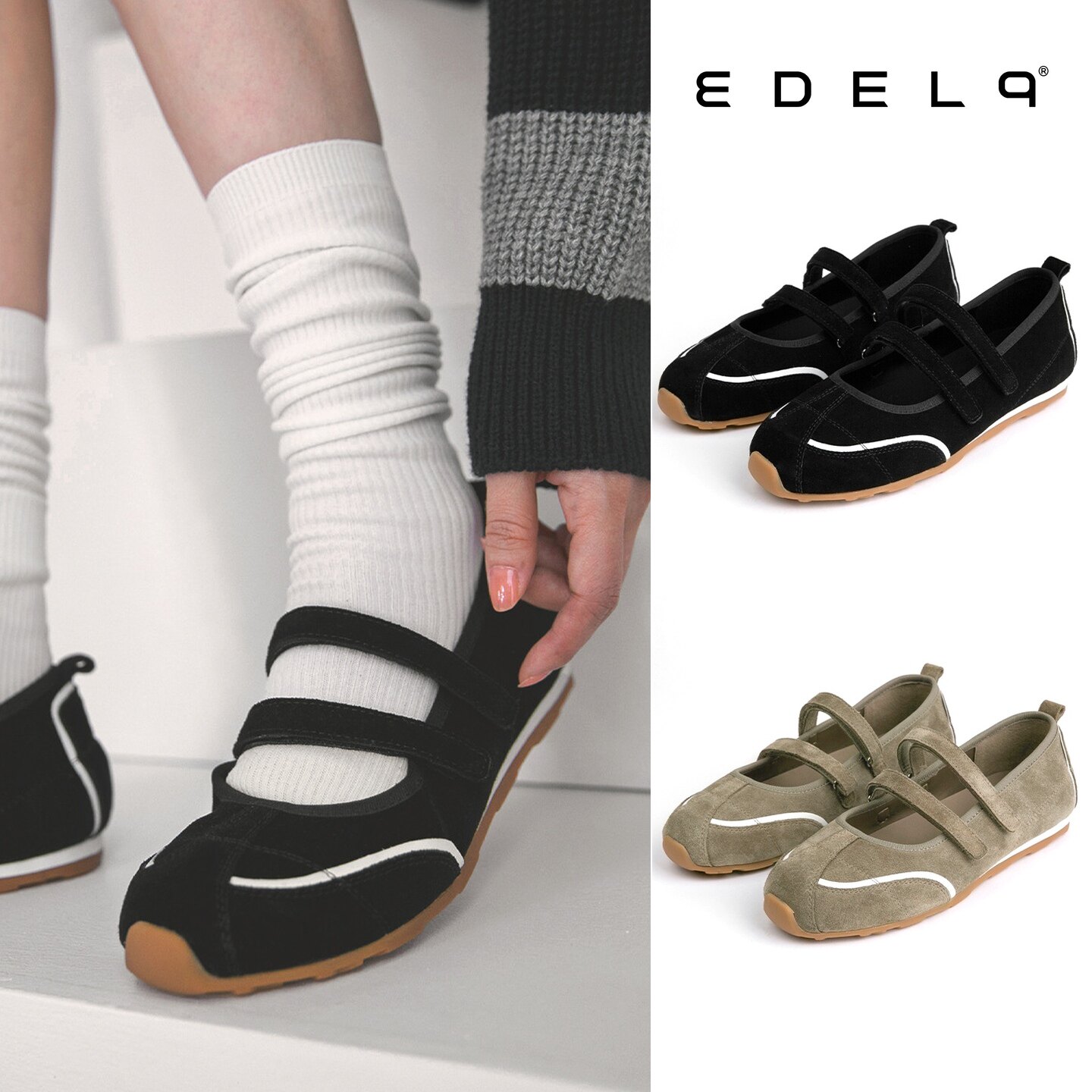 edel9复古平底魔术贴玛丽珍鞋