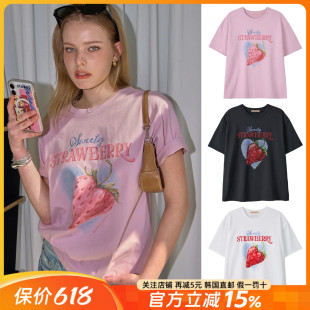 韩国代购直邮 BITTERCELLS 女子夏季新款粉色草莓宽松圆领短袖T恤
