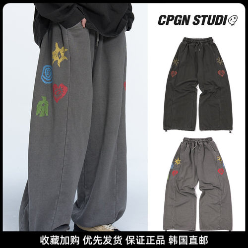 CPGN美式涂鸦做旧阔腿运动长裤