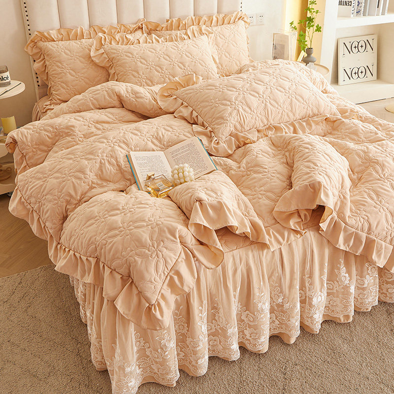 a类全夹棉牀裙款四件套被套高档蕾丝花边公主风四季通用牀上用品