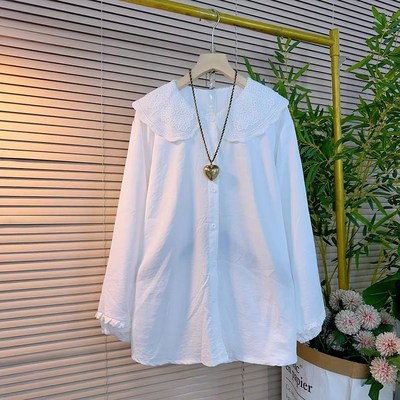 早春新款时尚甜美减龄镂空针织马甲大码女装胖MM娃娃领衬衫两件套