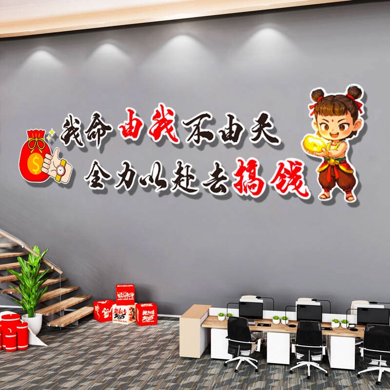哪吒主题办公室墙面装饰氛围布置搞钱激励志标语贴纸公司文化背景