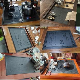 茶台中间内嵌石板火烧石盖板面板茶桌空位茶几乌金石茶盘定制定做