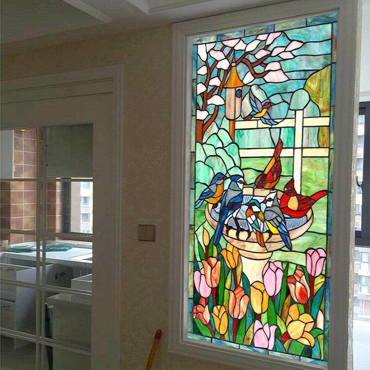 新款玄关隔断屏风门芯欧式彩色蒂凡尼艺术玻璃郁金香欢喜鸟一家人